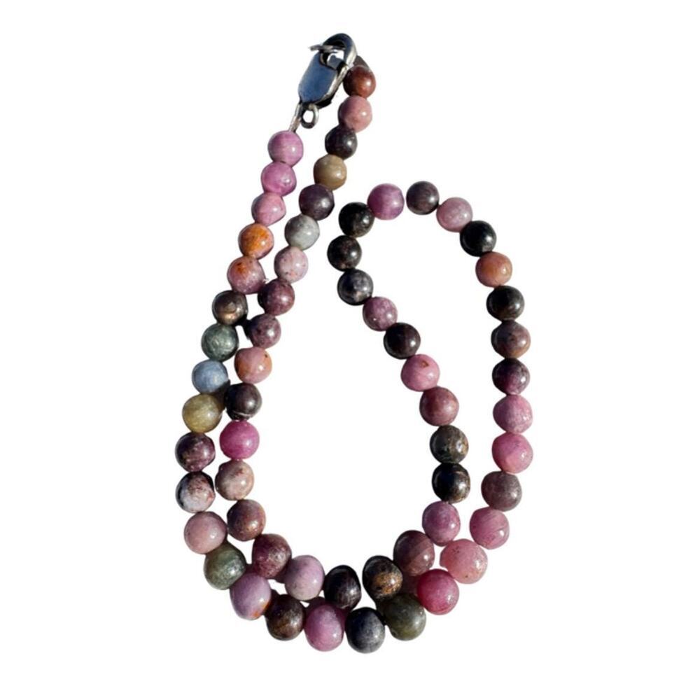 Ruby and Sapphire Bead Necklace Sterling Silver Clasp 16”